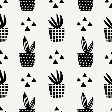 Seamless repeating pattern with triangle shapes and succulent plant pots in black on cream background. Cute and modern Scandinavian style illustration, perfect for greeting cards, wall art, wrapping paper, etc.のイラスト素材