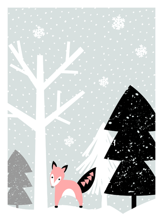 Christmas greeting card design with trees, snowflakes and a cute fox in pastel colors. Modern winter season poster, brochure, wall art design.のイラスト素材