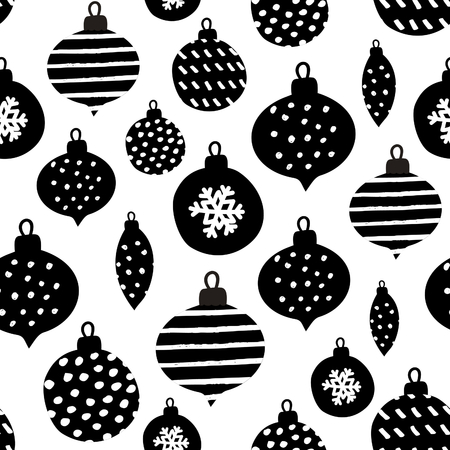 Seamless repeating pattern with textured Christmas baubles in black on white background. Modern and original festive textile, gift wrap, wall art design.のイラスト素材