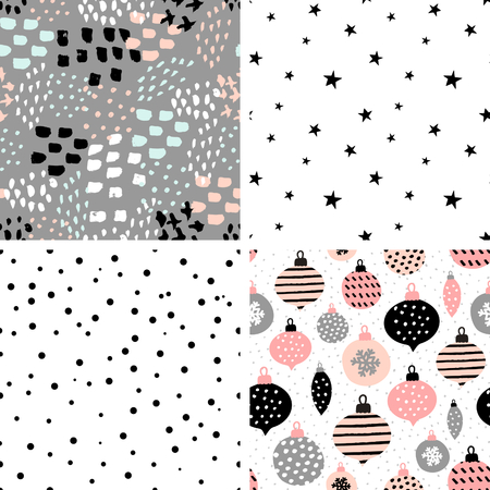 A set of four winter seamless repeat patterns with Christmas baubles, confetti, stars and abstract brush strokes. Tiling festive background, greeting card or wrapping paper.のイラスト素材