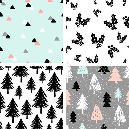 A set of four winter seamless repeat patterns with Christmas trees, triangle shapes and holly. Tiling festive background, greeting card or wrapping paper.のイラスト素材