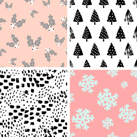 A set of four winter seamless repeat patterns with Christmas trees, holly and snowflakes. Tiling festive background, greeting card or wrapping paper.のイラスト素材