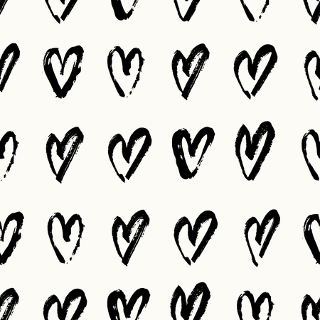 Hand drawn seamless repeating pattern with hearts in black and cream. Modern and stylish romantic design poster, wrapping paper, Valentine card design.のイラスト素材