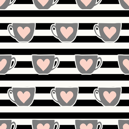 Seamless repeating pattern with cute cups in gray and pastel pink on striped background.のイラスト素材