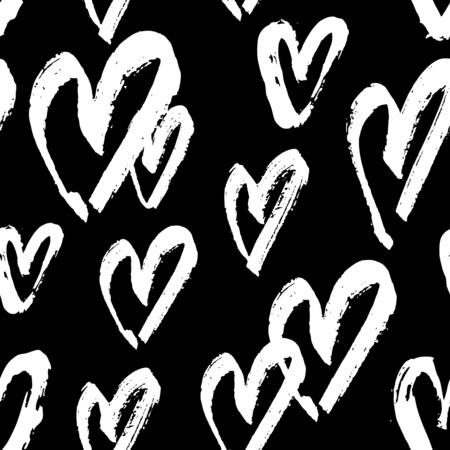 Hand drawn seamless repeating pattern with hearts in black and white. Modern and stylish romantic design poster, wrapping paper, Valentine card design.のイラスト素材