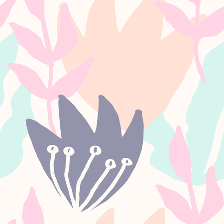Seamless repeat pattern with botanical elements in pastel pink, light blue, lavender and cream. Modern and original textile, wrapping paper, wall art design.のイラスト素材