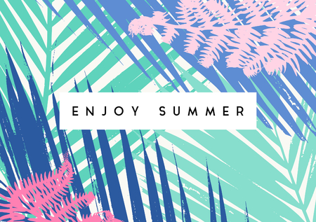 Typographic summer design with palm leaf silhouettes in pastel pink, blue and green.のイラスト素材