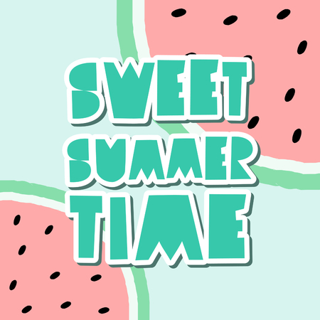 Retro typographic summer design with decorative geometric letters in green and watermelon slices on light blue background. Summertime poster, advertising, wall art, t-shirt design.のイラスト素材