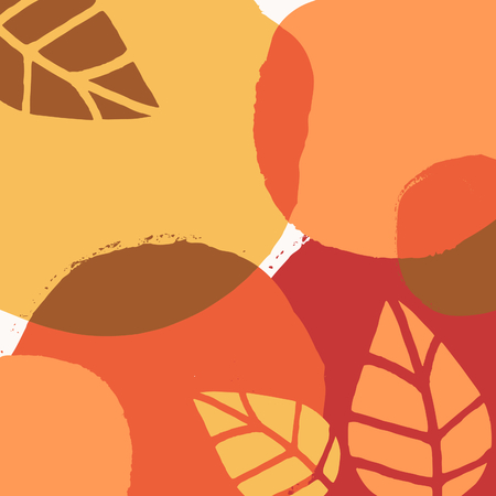 Abstract autumn design with round brush strokes and leaves in yellow, red, brown and orange on white background.のイラスト素材