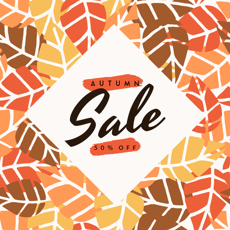 Abstract autumn sale design with text on colorful leaf pattern background. Poster, brochure or greeting card square template with sample text.のイラスト素材