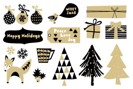 A set of Scandinavian style Christmas design elements in black and golden isolated on white background.のイラスト素材
