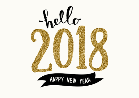 Typographic design greeting card template with text "Hello 2018 Happy New Year". Modern style poster, greeting card, postcard design in black, cream and gold glitter.のイラスト素材