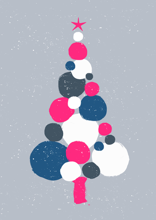 Christmas design with a decorated tree made of hand drawn round shapes and textures on gray background. Creative and modern greeting card, social media post, brochure design.のイラスト素材