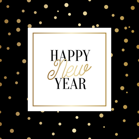 Happy New Year square greeting card template with sparkling gold confetti and text in black and gold on white background. Elegant festive vector flyer, brochure, poster, social media post design.のイラスト素材