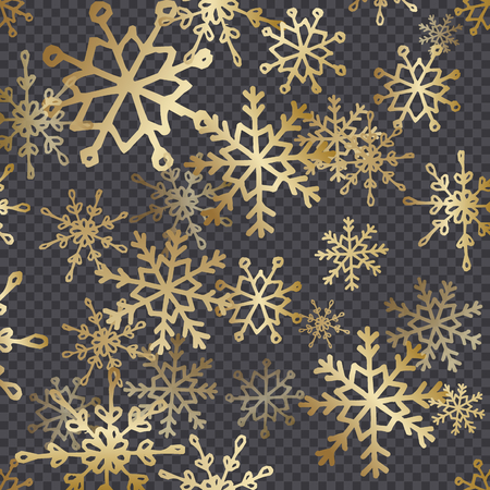 Golden hand drawn snowflakes isolated on dark transparency grid background. Festive vector overlay, decorative element, greeting card or poster design.のイラスト素材