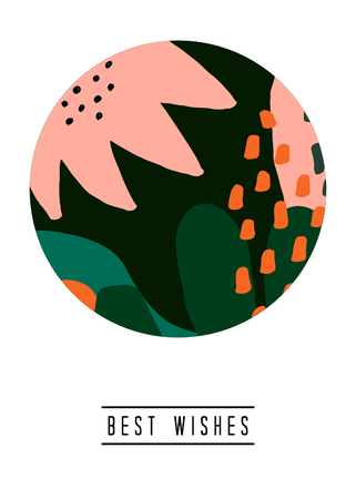 Greeting card template with abstract floral shapes and sample text layout on white background. Nature inspired vector illustration in pastel pink, green and orange.のイラスト素材