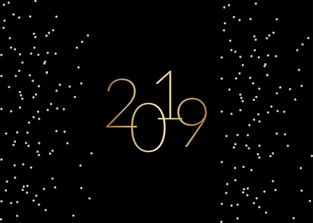 2019 New Year greeting card template with sparkling gold glitter and text 2019 in gold on black background. Elegant festive vector flyer, brochure, poster, social media post design.のイラスト素材