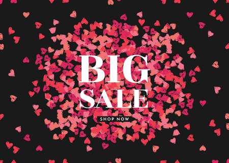 Valentine's Day sale poster template with heart-shaped confetti and white text on black background.のイラスト素材