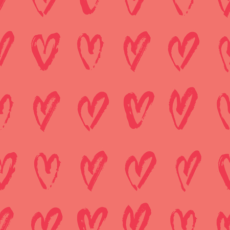 Hand drawn seamless repeating pattern with hearts in red on coral orange background. Cute and trendy romantic design poster, wrapping paper, Valentine card design.のイラスト素材