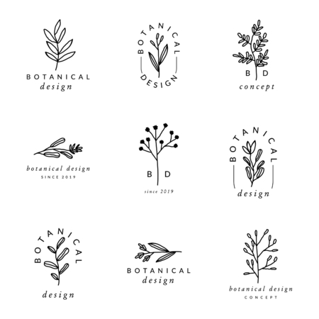 A set of nine modern and elegant premade typographic logo designs for florists, cosmetics, weddings and home decor.のイラスト素材