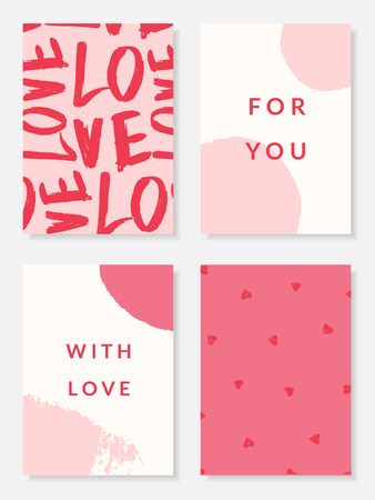 A set of four cute and modern romantic card designs in pastel pink, red and white. Valentine's Day Greeting card vector illustration. Perfect for packaging, wall art, weddings and stationery.のイラスト素材