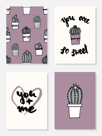 A set of four cute and modern greeting card designs with cactus and succulent potted plants in pastel purple, green, gray and white. Hand drawn vector illustrations, brush strokes and heart patterns.のイラスト素材
