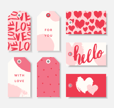 A set of seven cute romantic gift tag templates in red, pastel pink and white. Valentine's day/ wedding favors, birthday present label vector designs.のイラスト素材
