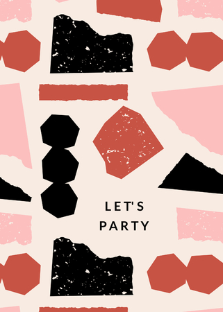 Greeting card template with paper cut shapes in black, pastel pink and brick red on cream background. Text Let's Party. Creative and modern collage style wall art, greeting card, gift wrap design.のイラスト素材
