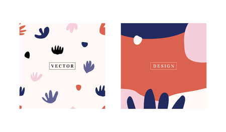 A set of two square design templates with abstract floral shapes and sample text. Trendy and stylish collage style vector illustration, social media post, newsletter in red, pink, purple, white and black.のイラスト素材