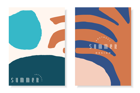 Modern and stylish poster templates with bold organic abstract shapes in blue, white and orange with sample text. Contemporary abstract collage flyers, newsletter, poster, magazine cover, packaging and branding design.のイラスト素材