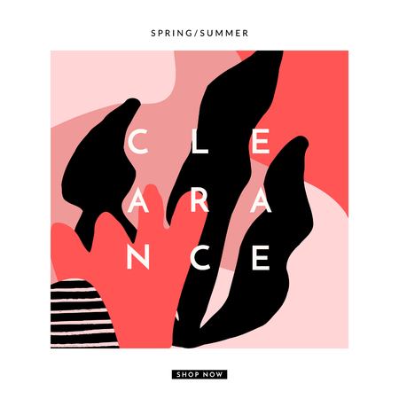 Modern collage sale template with abstract and floral shapes in black, red and pastel pink with sample text. Square social media post, newsletter, poster, magazine cover, packaging and branding design.のイラスト素材