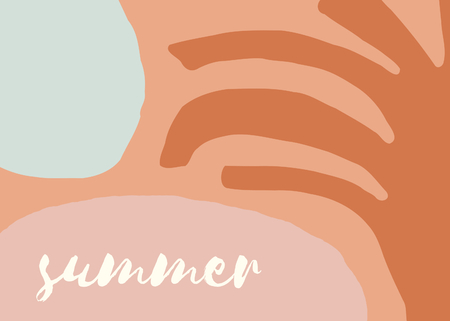 Modern abstract art design with organic shapes in trendy warm colors and sample text. Contemporary collage wall art, flyer, newsletter, magazine cover, packaging and branding design.のイラスト素材