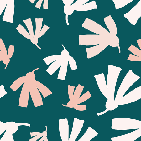 Seamless repeating pattern with abstract floral shapes in pastel pink and white on dark green background. Modern and stylish textile, gift wrap, wall art, packaging and branding design.のイラスト素材