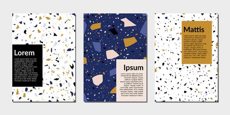 Modern abstract design templates with terrazzo textur in blue, yellow, black and white. Creative magazine covers, wedding invitations, flyers, newsletter, poster, greeting cards, packaging and branding design.のイラスト素材