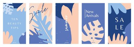 A set of five stories templates with abstract leaf and floral shapes in blue, pastel pink and lavender purple. Trendy contemporary collage style flyer, card, brochure, social media post design.のイラスト素材