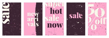 A set of five stories templates with hand painted abstract textures and bold text in dark violet, pink and cream. Trendy contemporary collage style flyer, card, brochure, social media post design.のイラスト素材