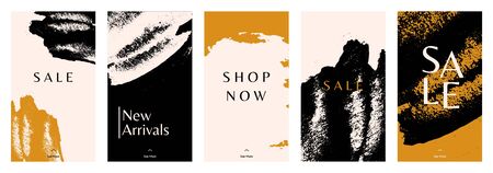 A set of five stories templates with hadn painted abstract brush strokes in black, orange and cream. Trendy contemporary collage style flyer, card, brochure, social media post design.のイラスト素材