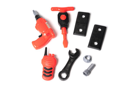 Plastic toy tools isolated on a white background.の写真素材