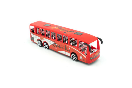 Plastic bus toy isolated on white backgroundの写真素材