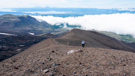 Hiking trail to the top of Avachinsky volcano. Beautiful volcanic landscape.の写真素材