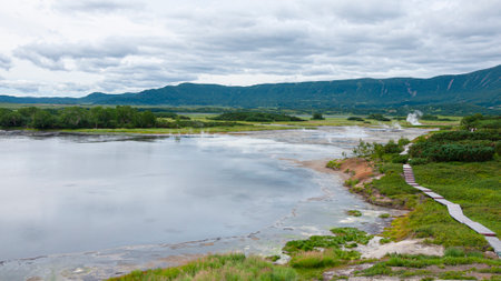 Panorama of hot springs, pools and warm toxic lakes in Kronotsky Nature Reserveの写真素材