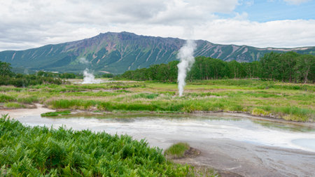 Panorama of hot springs, pools and warm toxic lakes in Kronotsky Nature Reserveの写真素材