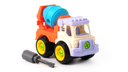 Cement mixer truck toy isolated on white background.の写真素材
