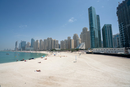 Panoramic view of the golden sand in the JBR beach area.