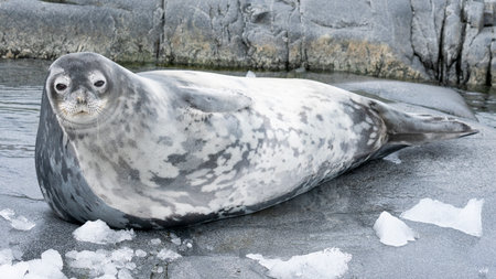 Wedell seal lounging on a rock on the Antarctic Peninsula in Antarctica.の写真素材