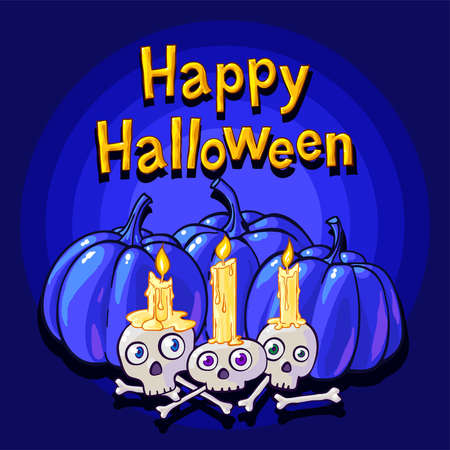 Happy Halloween. Funny vector illustration with blue pumpkins and skulls with candlesのイラスト素材