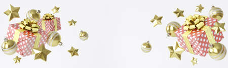 Beautiful New Year's Eve composition with Christmas decorations and a gift box with a bow on a white background. 3D illustration in red, yellow and gold. Banner with space for text.の写真素材