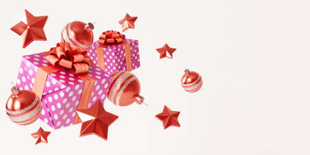 Beautiful New Year's Eve composition with Christmas tree ornaments and gift box with bow. 3D...