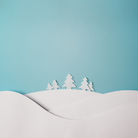 Christmas winter landscape with snow and christmas trees. Flat lay. Holiday concept.の写真素材