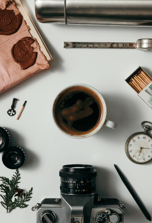 Creative arrangement of things on deskの写真素材